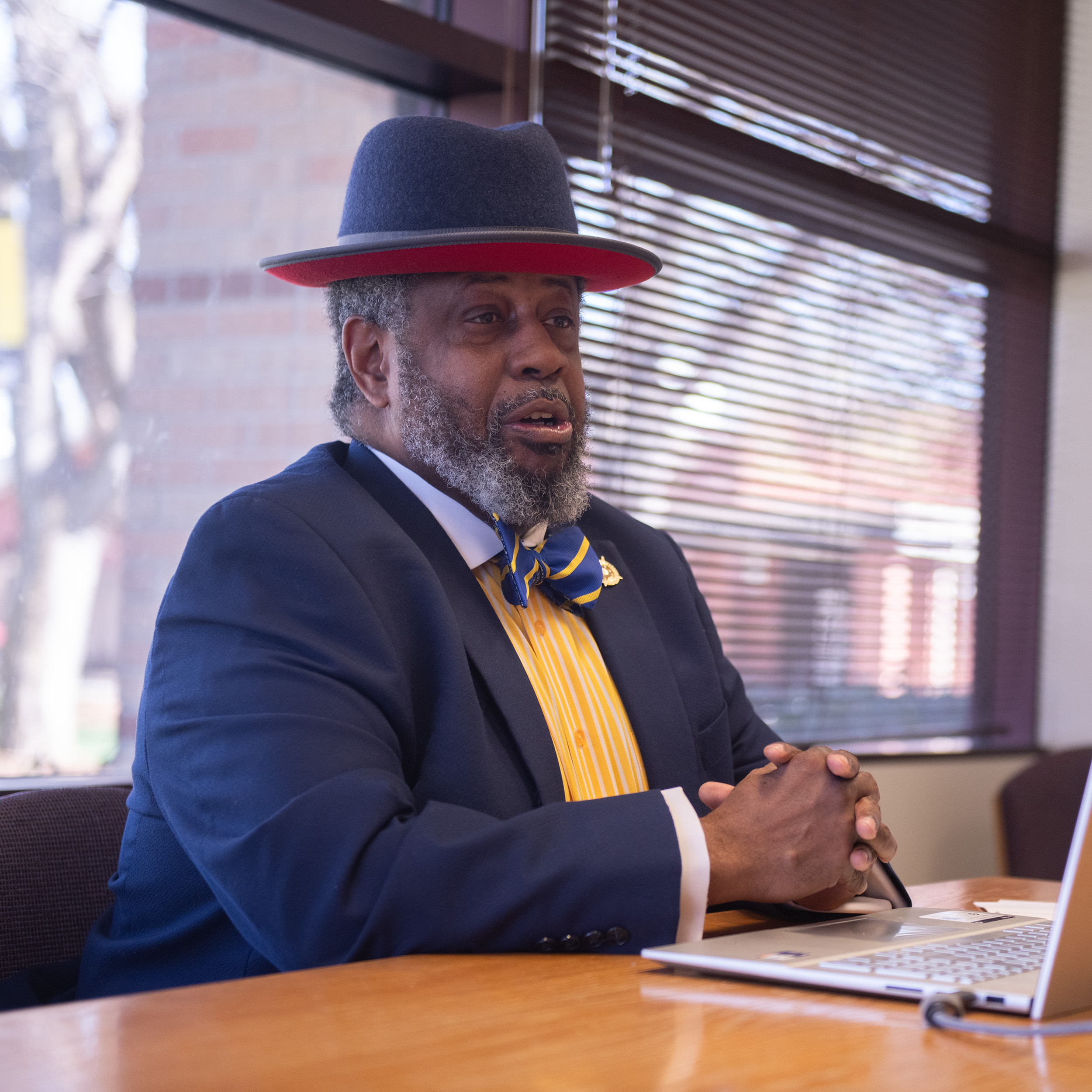 photo - Hesston College Business Management Program Director Dr. Preston James speaks to a class of sports management students.