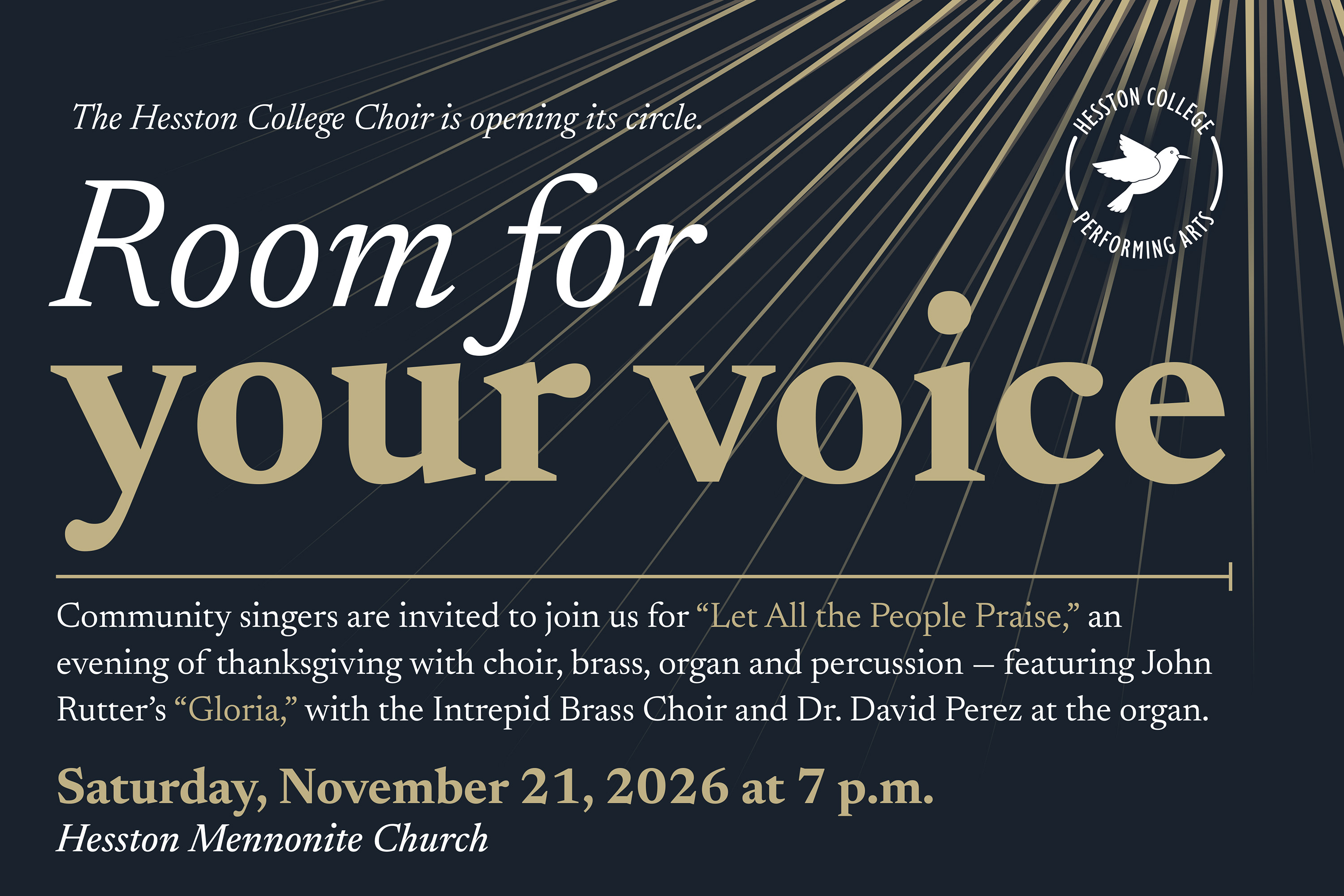 graphic with text inviting singers to join in the 2026 Hesston College Masterworks concert. Details in text of the web page.