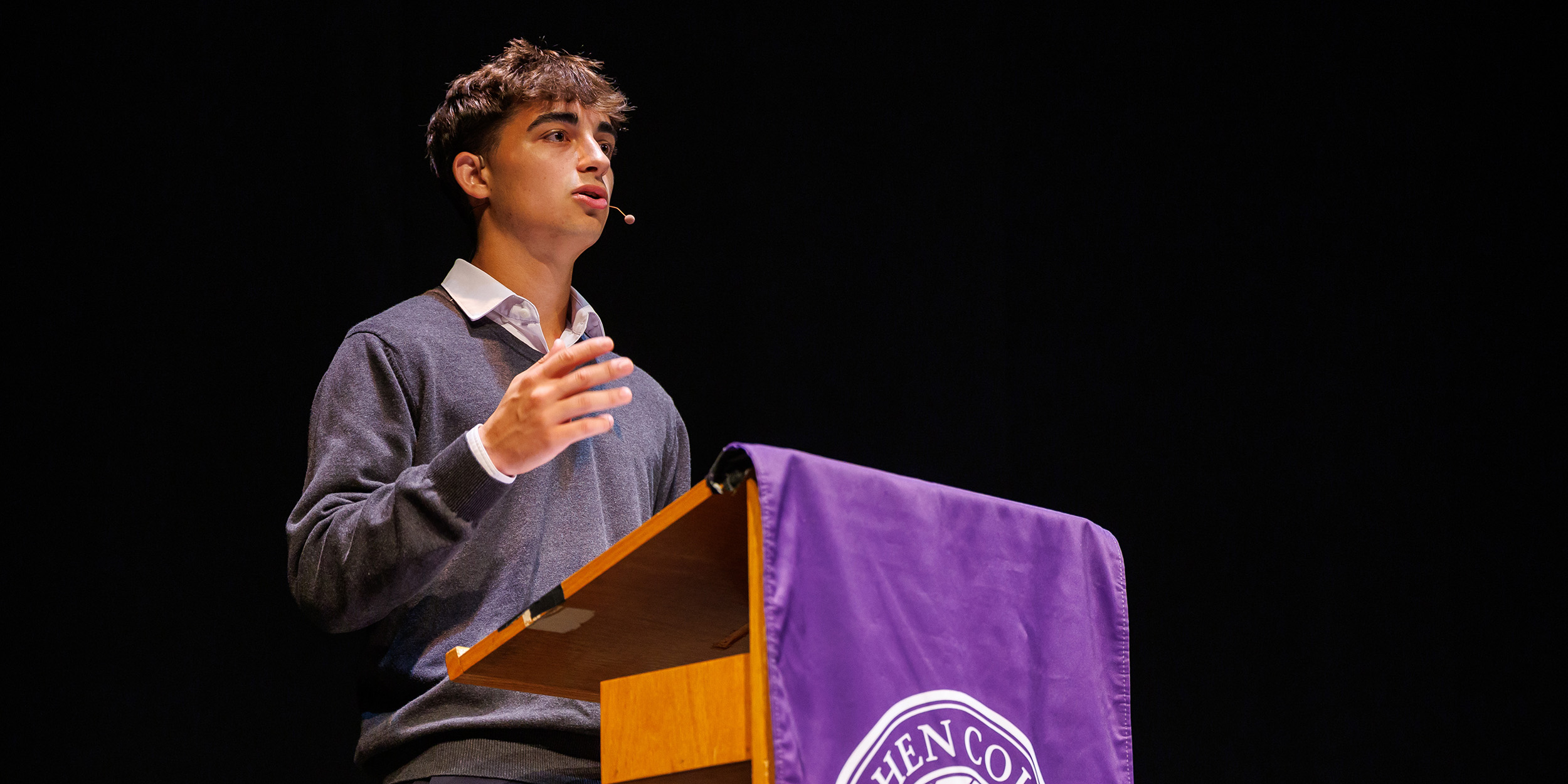 Photo (courtesy of Peter Ringenberg Photography):
Mateo Gonzalez of Hesston College won first place at the inaugural Peace Talks contest held at Goshen College on September 19 for his speech, “More Than a Sentence: Exploring Restorative Justice.”