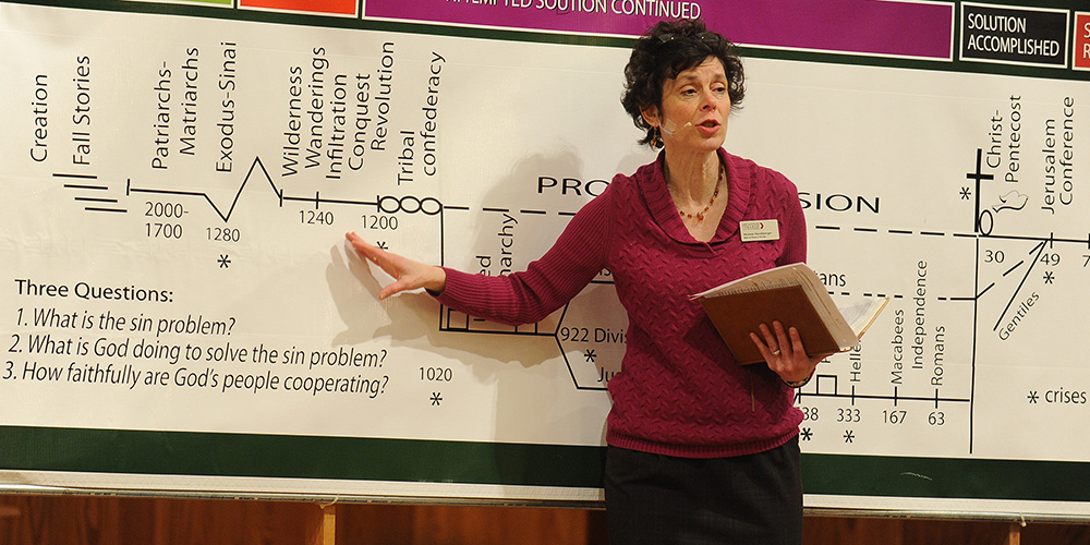 photo - Hesston College Bible and Ministry faculty member Michele Hershberger leads participants in the college’s Anabaptist Vision and Discipleship Series conference through the Heilsgeschichte.