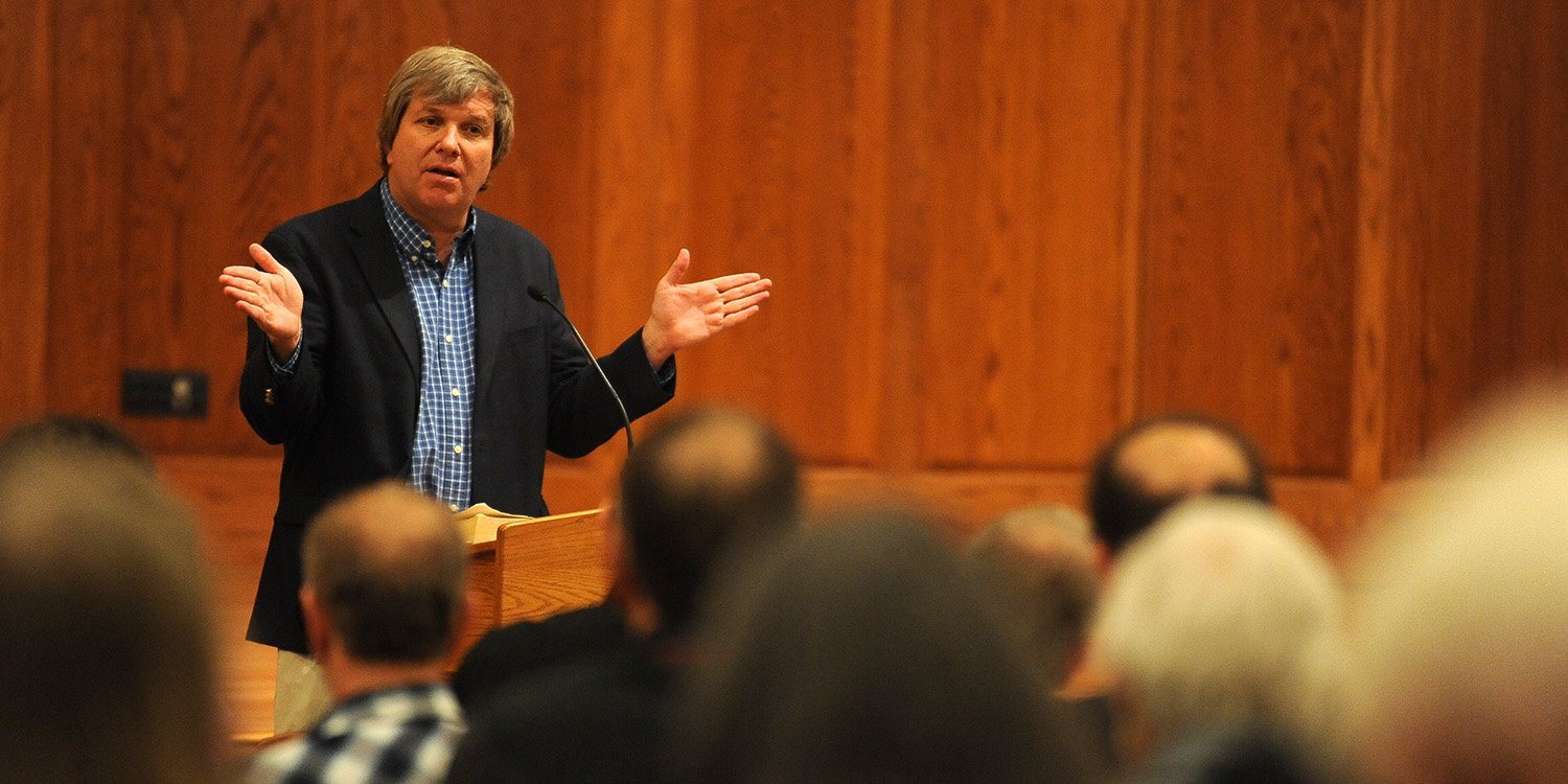 photo - Father John Dear speaks at Hesston College's 2015 Anabaptist Vision and Discipleship Series