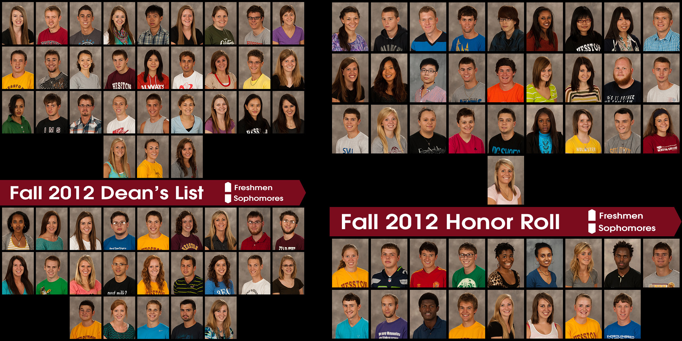 composite photo of students named to the fall 2012 Hesston College dean's list and honor roll