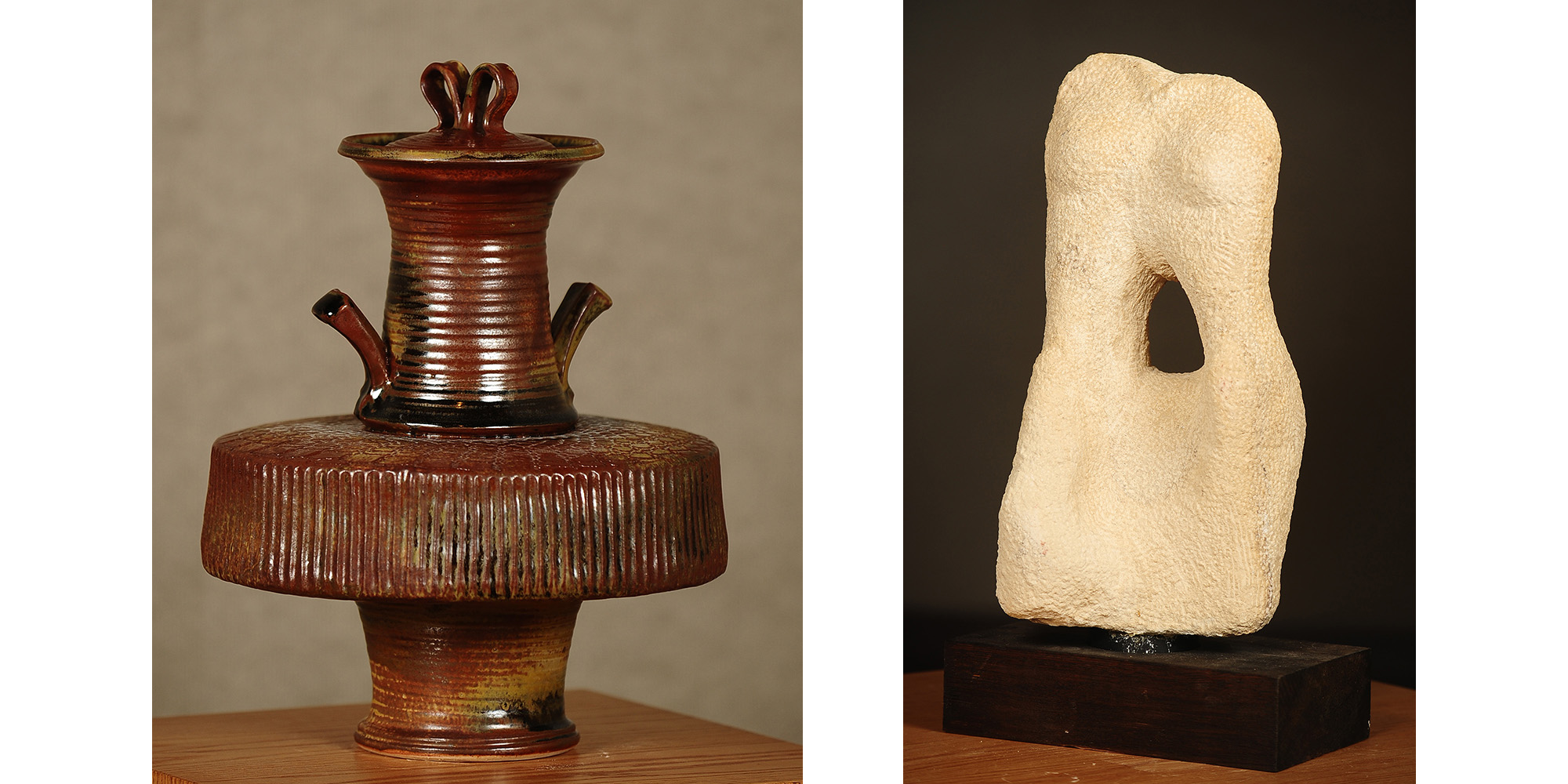 photos of artworks - “Lidded Vessel” by Paul Friesen, “Ruth” by Lois Misegadis