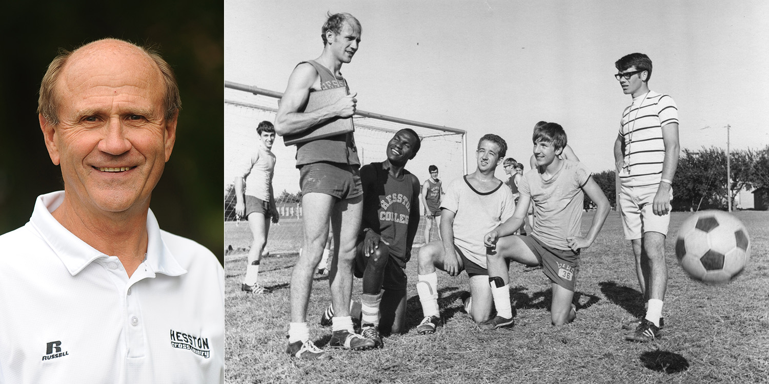 photos - Gerry Sieber (headshot) and archive photo of Sieber coaching soccer