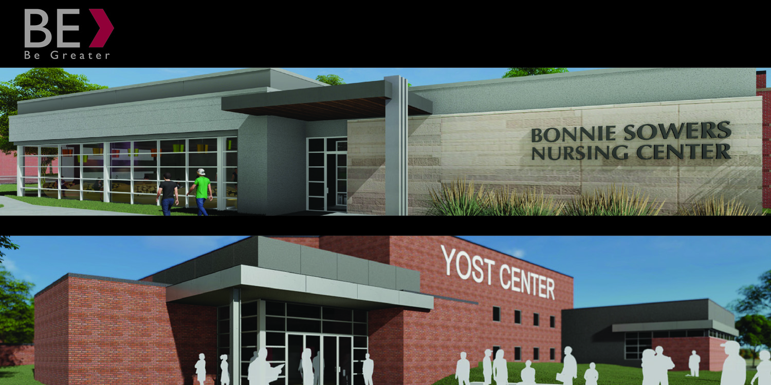 architectural renderings of Hesston College's planned nursing education facility - Bonnie Sowers Nursing Center - and updates to Yost Center, home of Hesston College Lark athletics