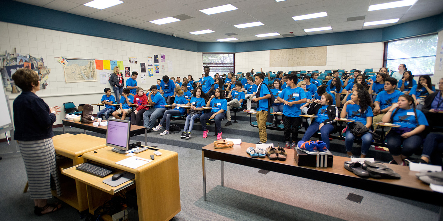 A group from Horace Mann Middle School hears a presentation about college fit illustrated with shoes by Hesston College Dean of Student Success, Deb Roth. On April 25 and 26, Hesston College hosted 150 students from three Wichita schools, Horace Mann and Alison Middle Schools, and Campus High School, who are part of the AVID program to give them a glimpse into college life. AVID visits give first generation students an idea of going to college. The Hesston visits included games, activities, presentations, a campus tour and lunch.