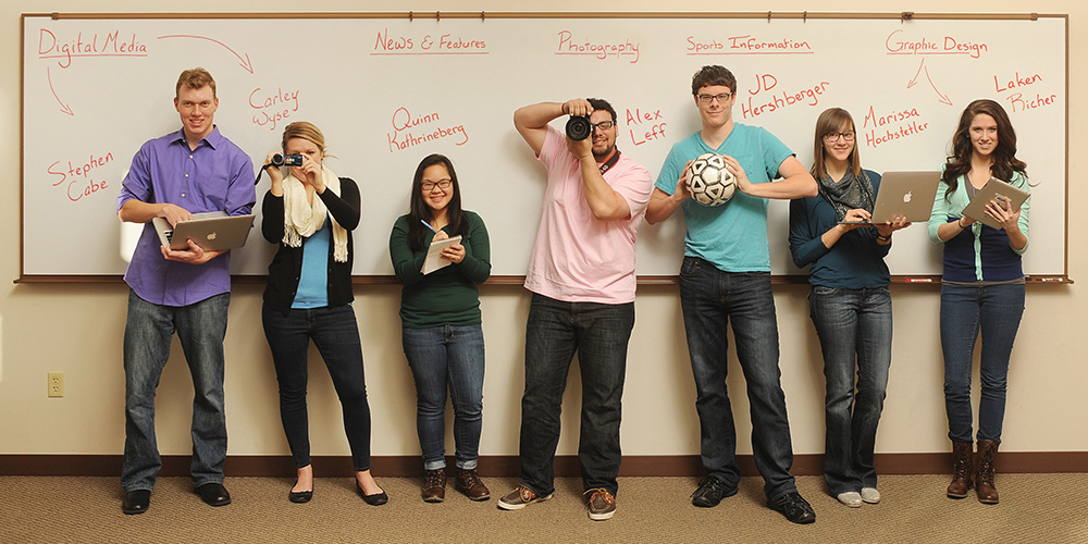 photo - Hesston College communications interns Stephen Cabe, Carley Wyse, Quinn Kathrineberg, Alex Leff, JD Hershberger, Marissa Hochstetler and Laken Richer