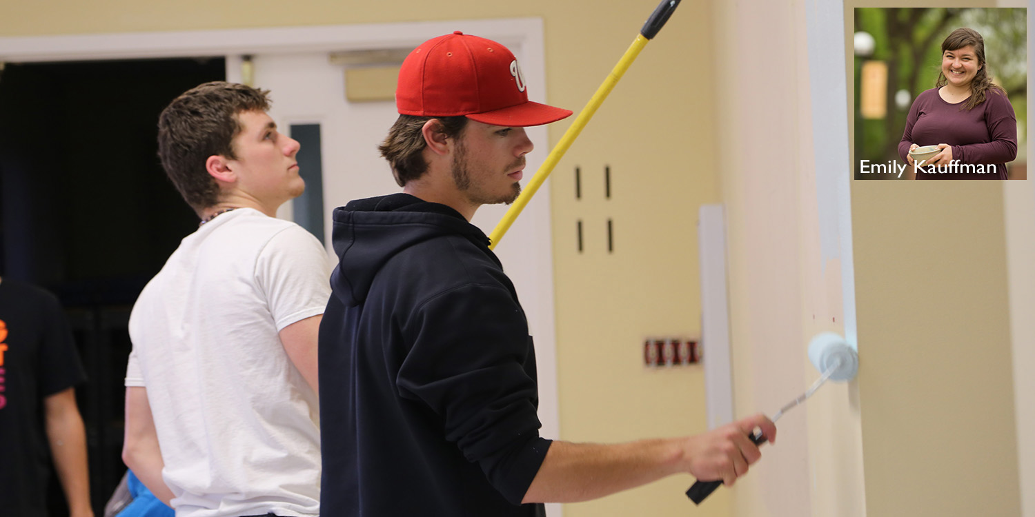 photo - Students Weston Schroeder (Harper, Kan.) and Daulton Horton (Denton, Texas) paint at the Mennonite Central Committee Central States office (North Newton, Kan.) as part of their Larkfest service project. All on-campus students participated, with about 275 students at 35 service assignments. Inset photo - 2015-16 Lark of the Year winner Emily Kauffman