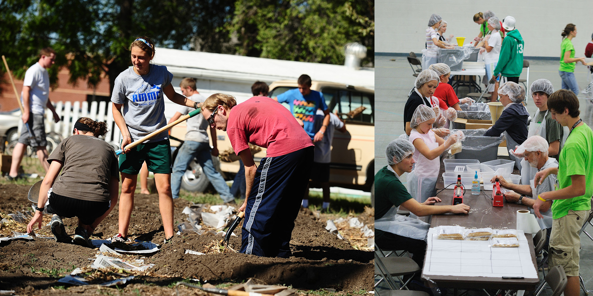 photos - (left) Sophomore Krista Rittenhouse (Mount Pleasant, Pa.) and Fritz Lehman (Dalton, Ohio) work in the community garden. Volunteers built raised beds for planting, created mulch paths and constructed compost bins; (right) Hesston College students, faculty, staff and local community members came together to package more than 50,000 meals during Numana’s food-packaging event Oct. 1.