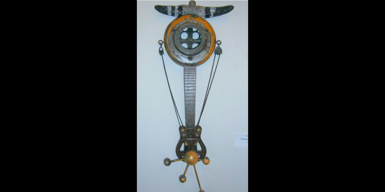 photo - Salina artist Kurt Wolf’s piece “banjo horns” is featured in his assemblage art exhibit in the Hesston College Regier Friesen Gallery through Feb. 17.