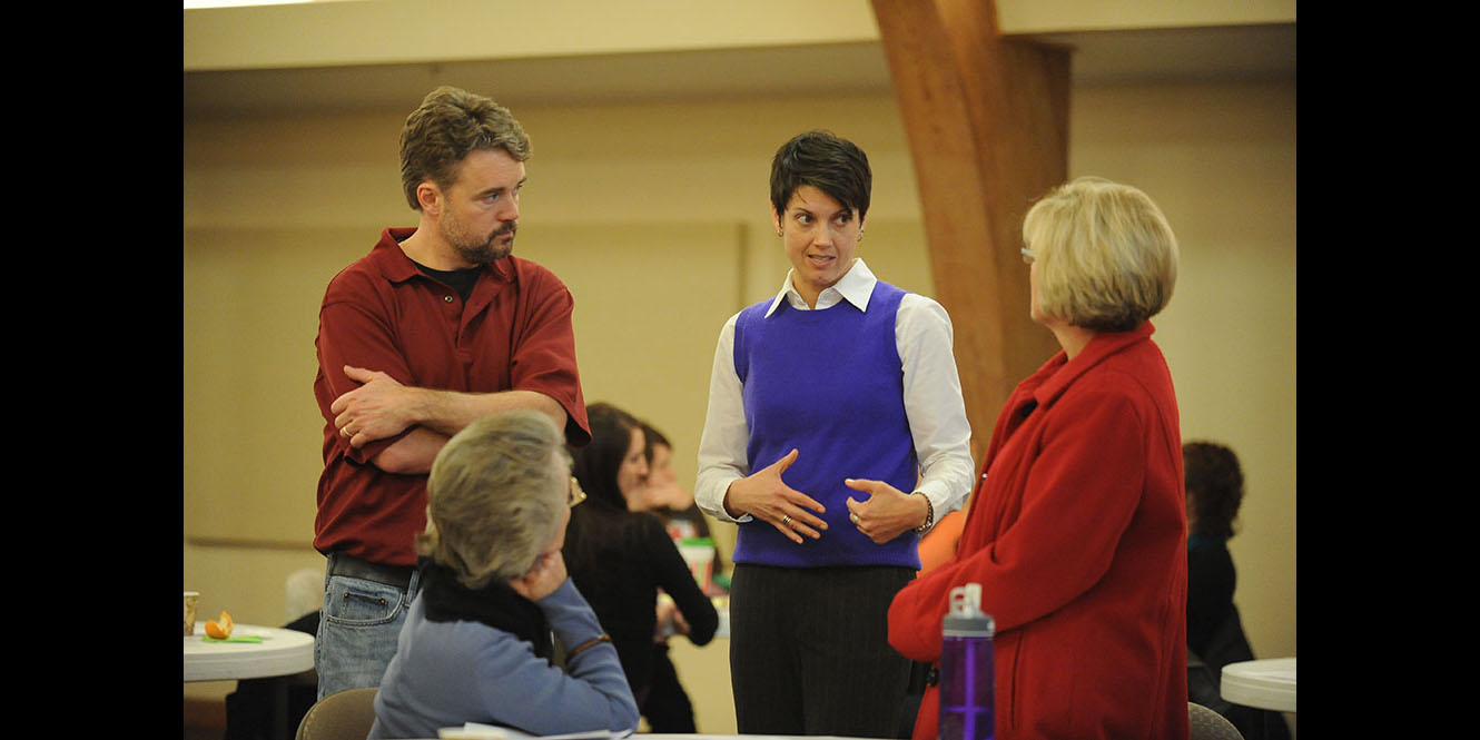 photo - Ashley Finley, Senior Director of Assessment and Research for the Association of American Colleges and Universities, the leading national association concerned with the quality of undergraduate liberal education, was on the Hesston College campus Jan. 9 for a faculty in-service. The faculty spent the day discussing how to evaluate student learning on the newly revised Hesston College Outcomes and how to develop essential assignments for learning. Hesston College instructors use indirect assessment tools regularly to see how the college measures up on benchmarks and identify places for improvement. “Washington Monthly” magazine used results from the 2009 Community College Survey of Student Engagement and graduation rates to name Hesston College the number 2 two-year college in the country in 2010. Hesston conducts the CCSSE every three years. Pictured from front left are Maria Day, Spanish instructor; David LeVan, business instructor; Finley; and Tami Keim, Education instructor.