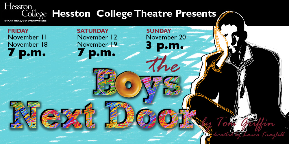 promotional graphic for Hesston College production of “Boys Next Door”