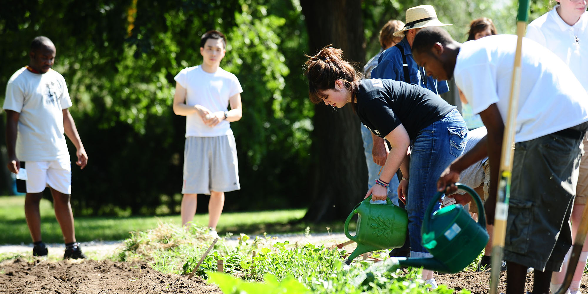 photo - Dulaney Arzola of Stafford, Kan., and other students in the First Year Experience seminar work in the Intergenerational Community Garden.