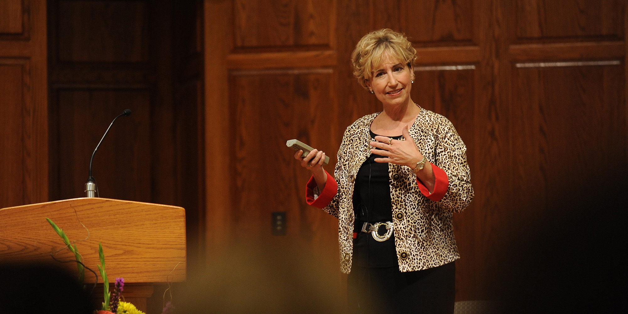 photo - Gloria Solis, a 1980 Hesston College graduate and chief nursing officer and chief operating officer at Saint Luke's East Hospital in Lee's Summit, Mo., gives the keynote presentation, “The Future of Nursing: It’s in our Hands,” as the kickoff to Hesston College's Homecoming symposium Sept. 27.