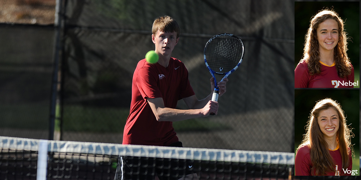 Hesston College men's tennis action photo - Riley Kingsley with inset photos of Jessanna Nebel and Ally Vogt