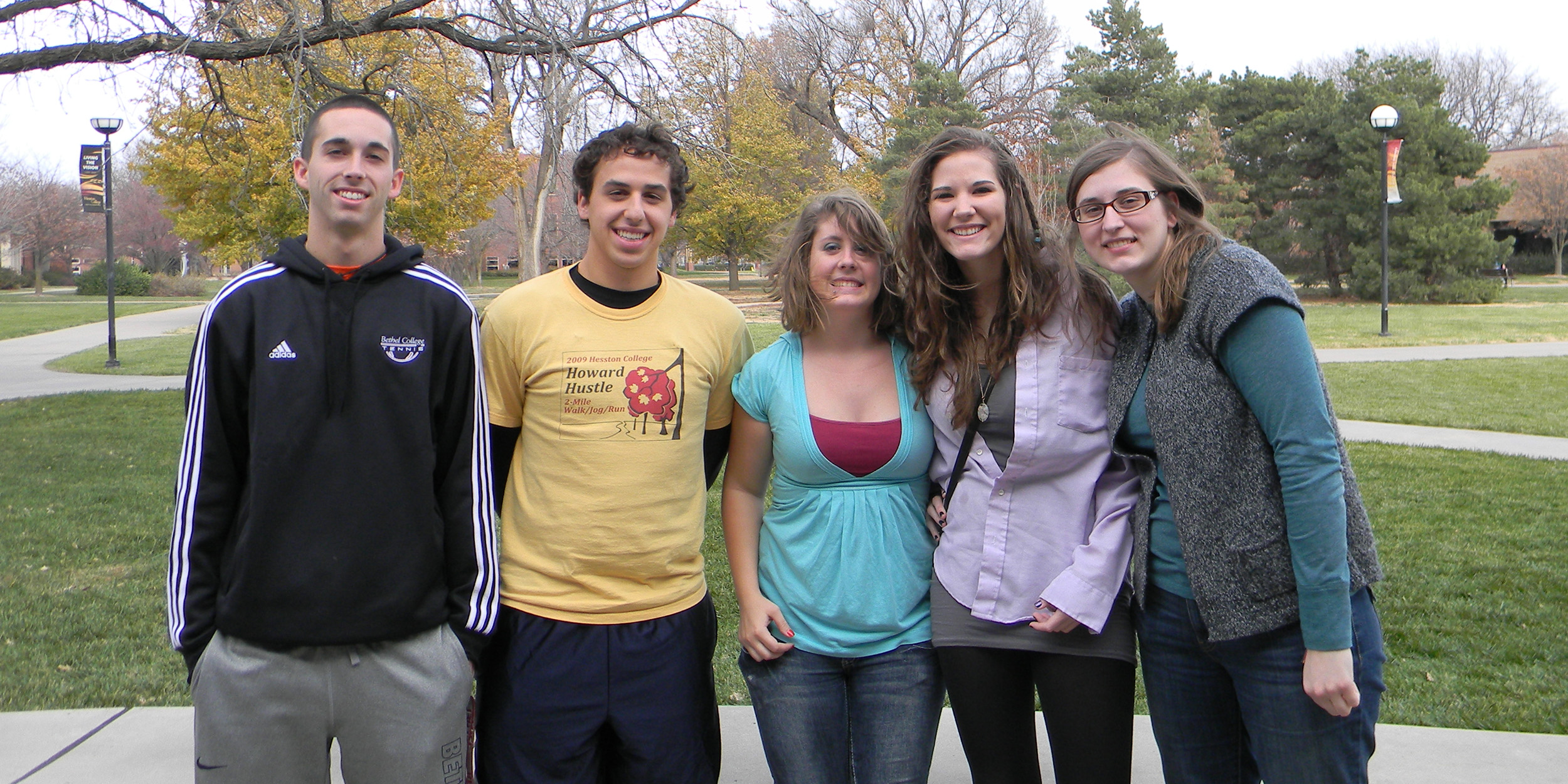 photo - Members of the Hesston College class of 2011 returned to campus during the college’s annual Thanksgiving Weekend and shared their transfer experiences. David Tedone, Ryan Wengerd, Jenny Carter, Chelsey Alden and Jennifer Kaberline