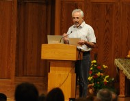 Bassam Samarah, a member of the Islamic Society of Wichita speaks to Hesston College students and members of Hesston Mennonite Church at an inter-faith dialogue Nov. 14.