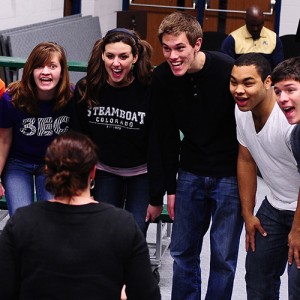 Cast members rehearse for the Hesston College production of The 25th Annual Putnam County Spelling Bee