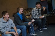 students play video games in Hesston College's Erb Hall