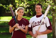 Hesston College career home run record holders Erika Shrock and Tyler Yoder