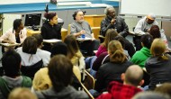 David Coleman and (left to right) Brenda Papin, Wichita, Kan. (Hesston College class of 1975), freshman Sonsharae Graham, Philadelphia, Pa., Sociology Professor Dwight Roth, and sophomore Rickey Vick, Edmond, Okla., shared reflections on King’s life and legacy at a campus forum Friday, Jan. 22.