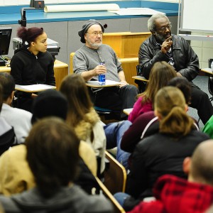 David Coleman and (left to right) Brenda Papin, Wichita, Kan. (Hesston College class of 1975), freshman Sonsharae Graham, Philadelphia, Pa., Sociology Professor Dwight Roth, and sophomore Rickey Vick, Edmond, Okla., shared reflections on King’s life and legacy at a campus forum Friday, Jan. 22.