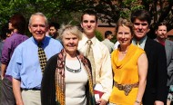 Mark Rombold (center) with his grandparents, Peter and Shirley Rombold (left), and parents, Peter and Marty Rombold (right), following commencement May 8.