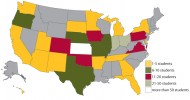 map showing the states represented by Hesston College students in fall 2010