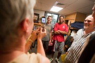 Freshmen roommates David Rudy (Manheim, Pa.) and Michel Anderson (Wichita, Kan.) pose for Rudy’s mother, Carolyn, as they moved in to Kauffman Court at the beginning of the year.