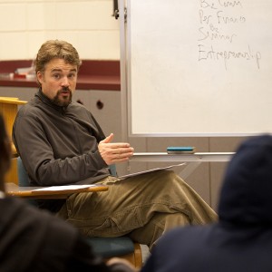 David LeVan talks with a group of his first-year advisees about planning their courses.