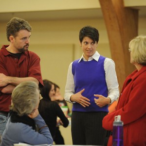 Maria Day, Spanish instructor; David LeVan, business instructor; and Tami Keim, education instructor, talk with Ashley Finley from the Association of American Colleges and Universities during a faculty in-service to kick off the spring 2012 semester.