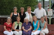 Back row from left: Marilyn (Kauffman) Ac55, ’57 Miller; Bonnie (Kauffman) Ac65, ’67 Sowers; Joy (Kauffman) Ac57 Sears; “Junior” Kauffman Ac63, ’69 Front row from left: Betty (Hostetler) Ac53, ’55 (Kauffman) Schmidt, Charles’ wife; Gloria (Kauffman) Ac61, ’63 Yoder; Clara Kauffman; Phyllis (Kauffman) ’74 Hysong; Evelyn (Kauffman) Ac59, ’61 Schellenberger. Courtesy photo taken shortly before Clara’s death in 2006.