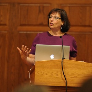 Sonia Nazario talks about her research for "Enrique's Journey" to Hesston College students, faculty, staff and community members at Hesston Mennonite Church Oct. 9.