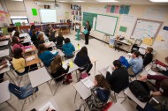 Hesston College students in the spring 2012 Introduction to Education class receive an introduction to Tulsa (Okla.) Central Junior High and High School from English teacher Sadie Stockdale.