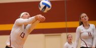 Hesston College volleyball action photo - Cassidy King passes in a match with Cloud County CC, Oct. 6, 2017