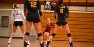 Hesston College volleyball action photo - Kylie Brenneman passes in a match with Cloud County CC, Oct. 6, 2017