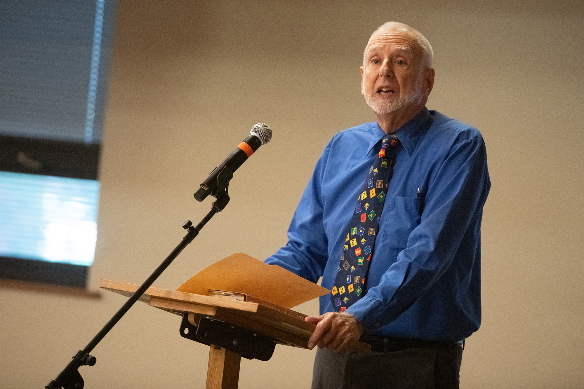 Former president Howard Keim, former chemistry prof Jim Yoder and current theatre director Rachel Jantzi presented the history of theatre at Hesston College