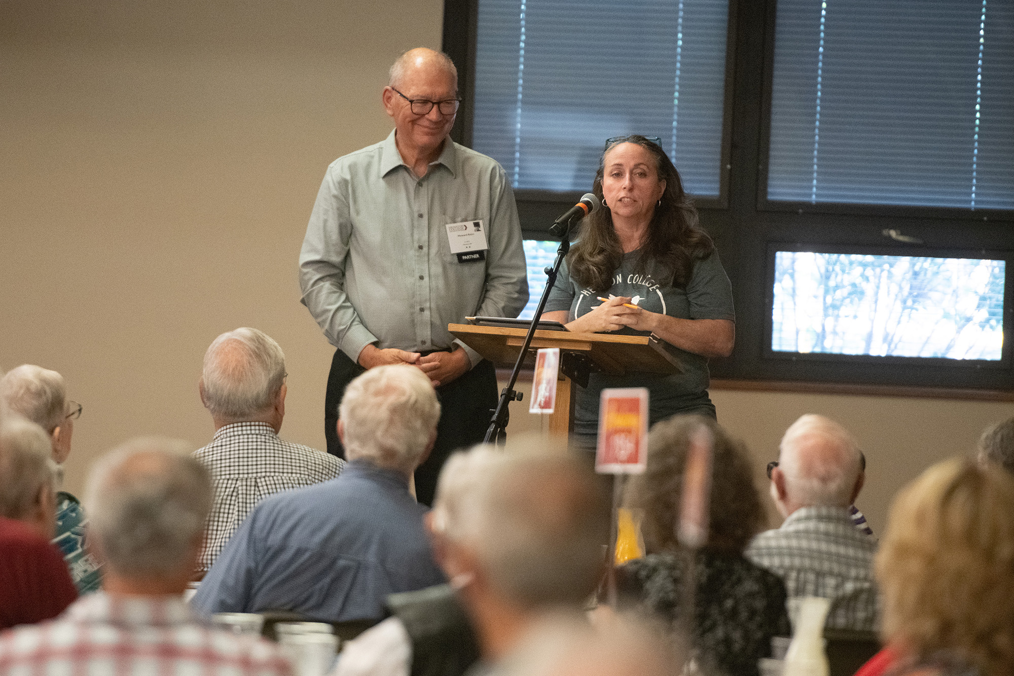 Former president Howard Keim, former chemistry prof Jim Yoder and current theatre director Rachel Jantzi presented the history of theatre at Hesston College