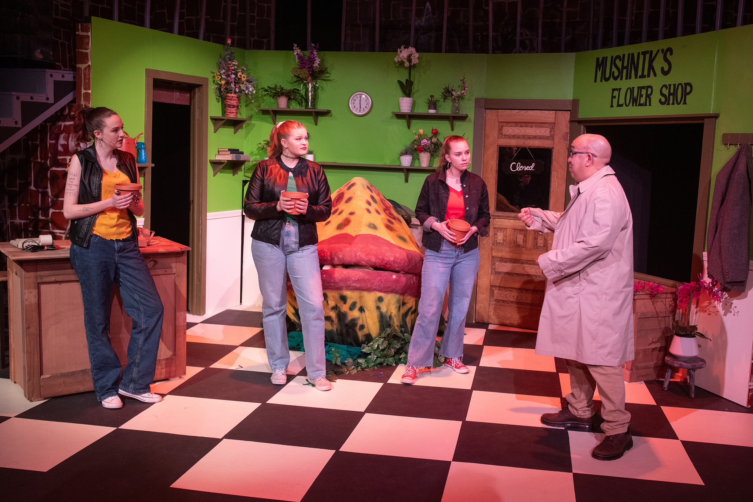 production photo from the Hesston College Theatre production of Little Shop of Horrors