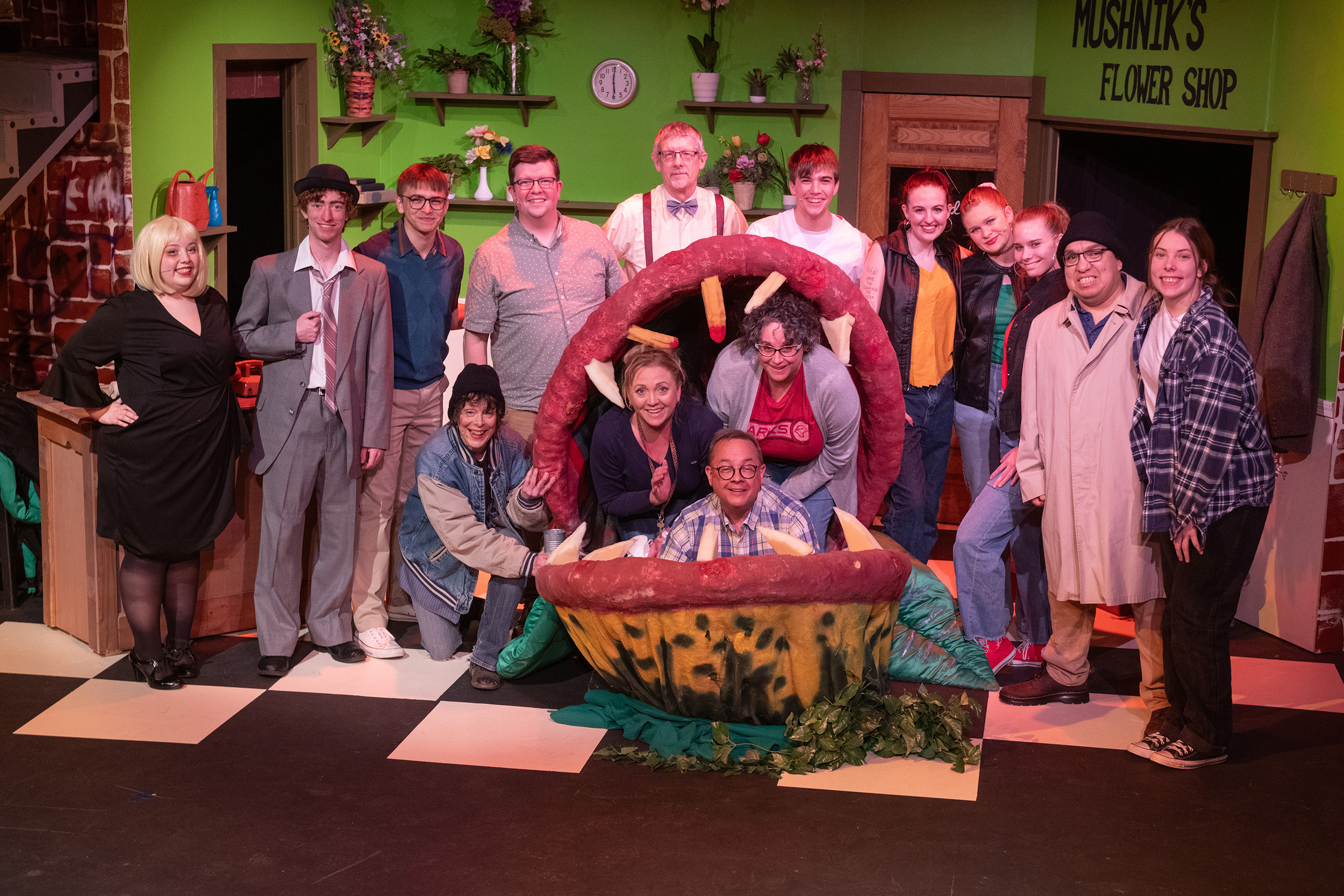 cast photo from the Hesston College Theatre production of Little Shop of Horrors