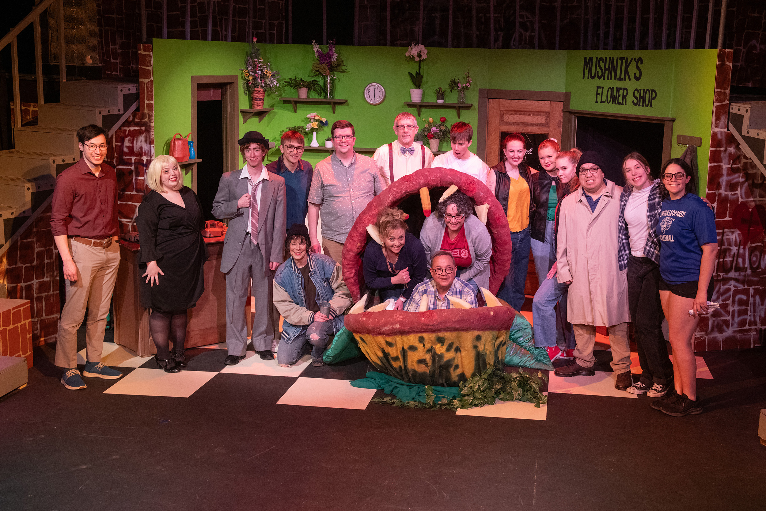 cast and crew photo from the Hesston College Theatre production of Little Shop of Horrors